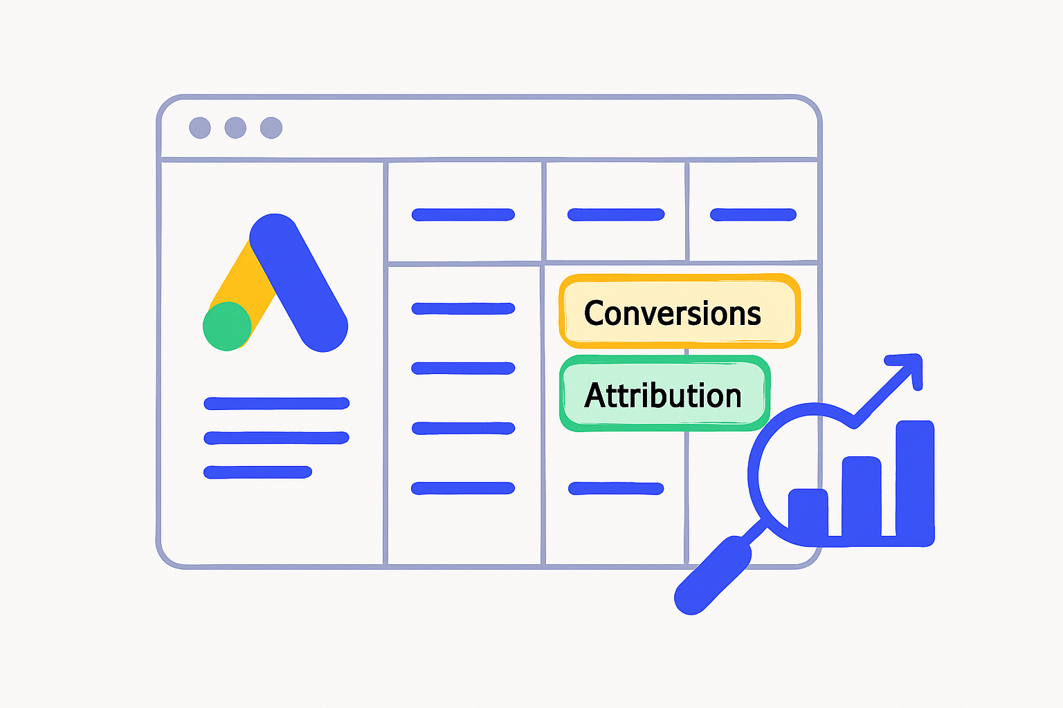 Anonymized Google Ads dashboard with a highlight around “Conversions” and “Attribution” columns