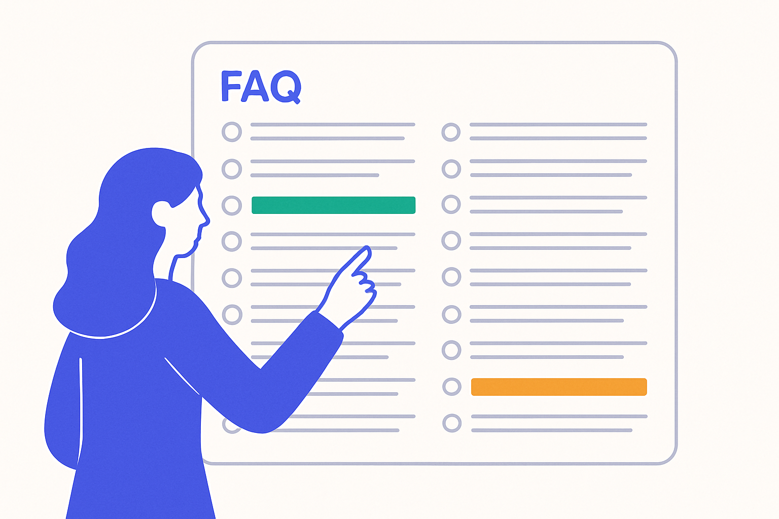 Wireframe of a FAQ hub page with 30 questions and short answers, each linking to a pillar page